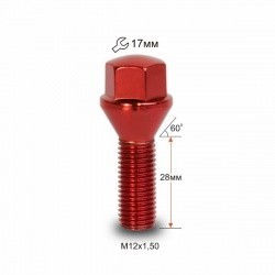 Болт С17A28 R-Cr  M12X1.50X28 Красный хром  конус с выступом ключ 17 мм